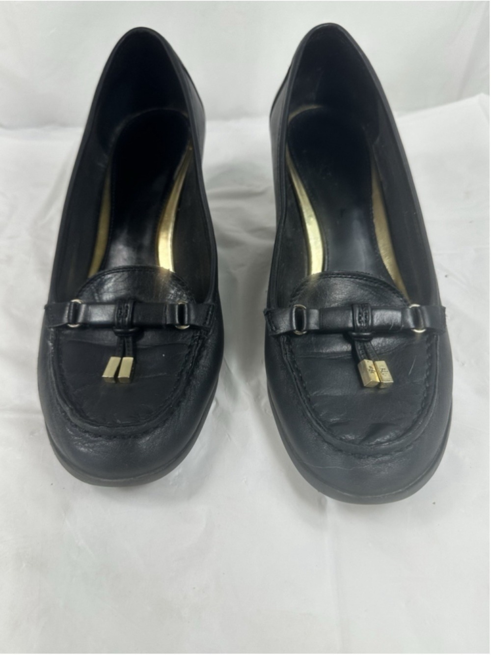 Lauren Ralph Laurne 9.5 B Black Rory Wedge Horse Bit Tassel loafer